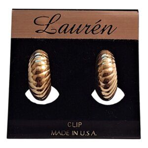 Lauren 3/4" Domed Swirl Lined Hoop Clip On Earrings Gold Tone Vintage